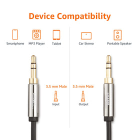 Amazon Basics 3.5mm cable connected to car stereo scenario for easy playback.