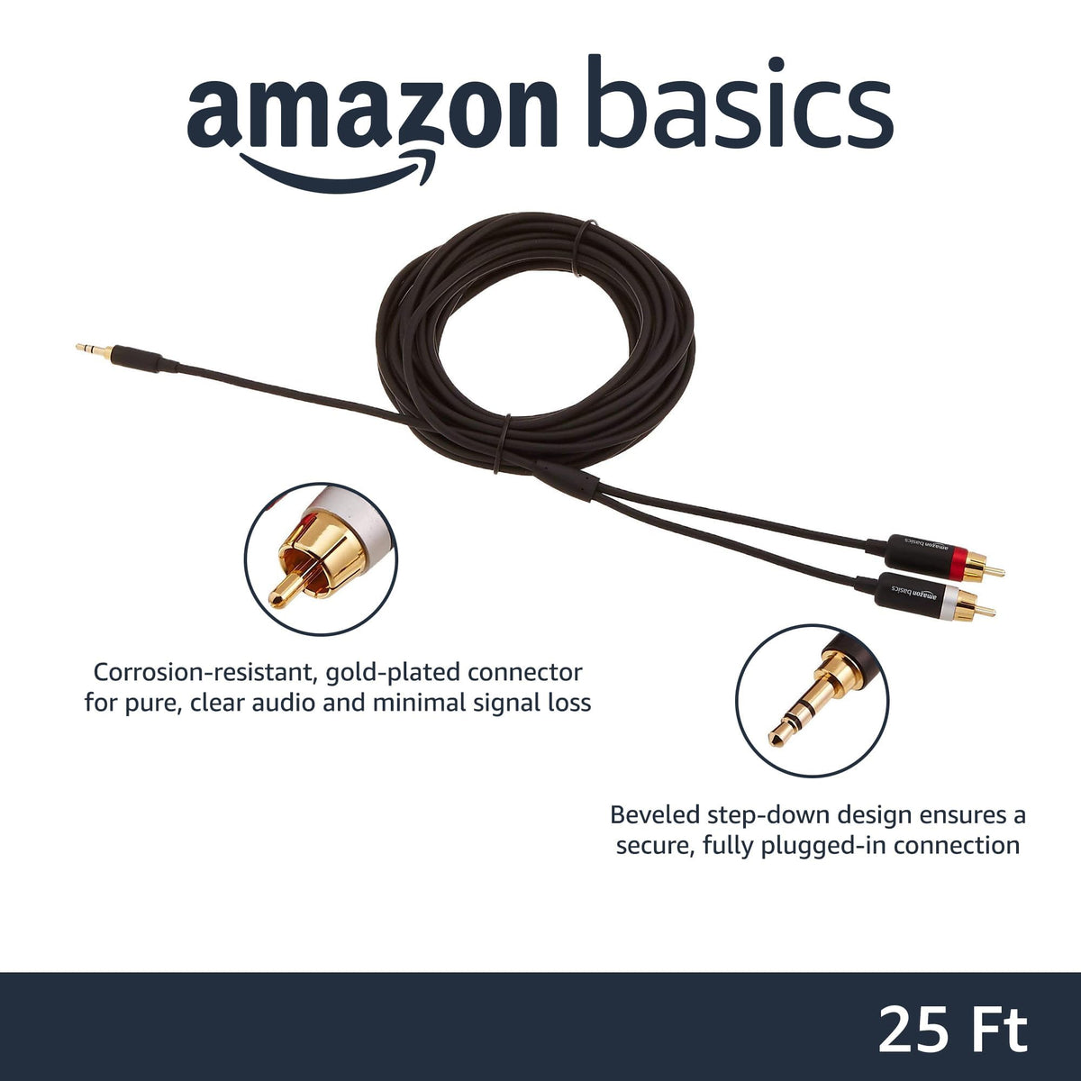 Amazon Basics 3.5mm male plug close-up with gold plating for minimal signal loss