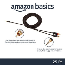 Amazon Basics 3.5mm male plug close-up with gold plating for minimal signal loss