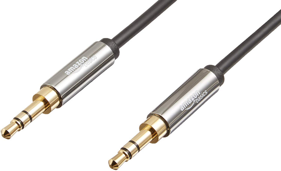 Amazon Basics 3.5mm stereo cable full 8-foot length for universal device compatibility.