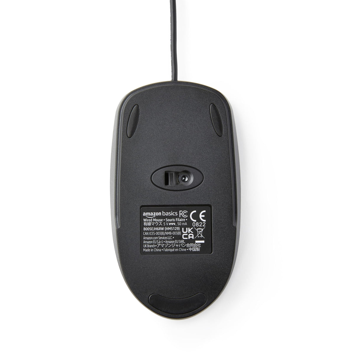 Amazon Basics black 3-button USB wired mouse ready for plug-and-play on Windows and Mac.
