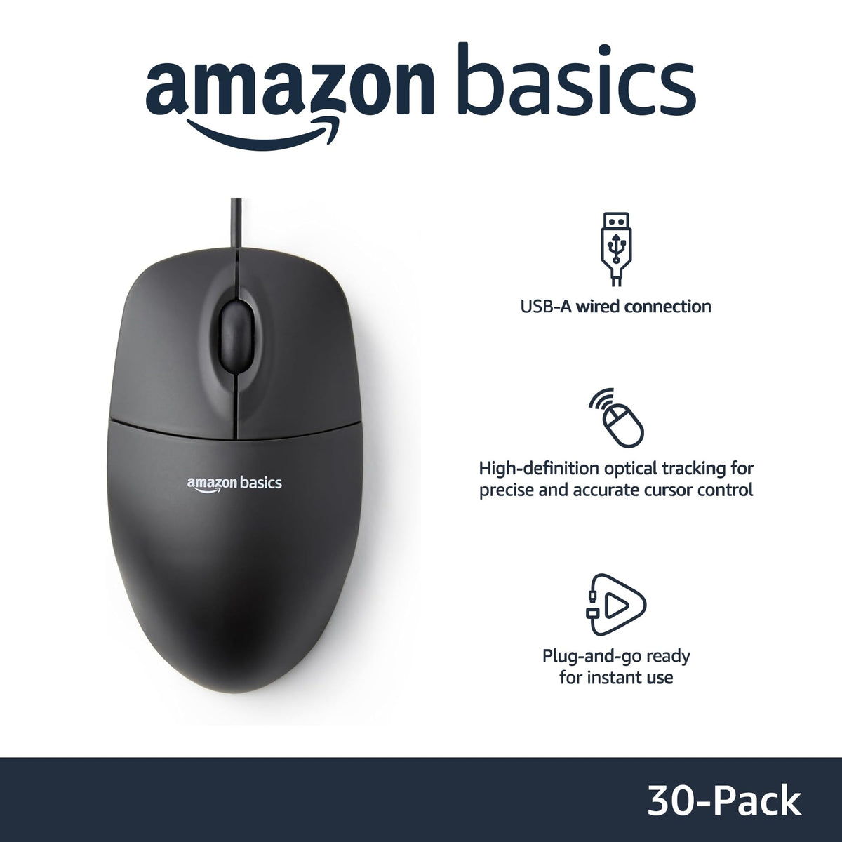Amazon Basics USB wired mouse with 4.9-foot cable for flexible workstation setup.