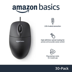 Amazon Basics USB wired mouse with 4.9-foot cable for flexible workstation setup.