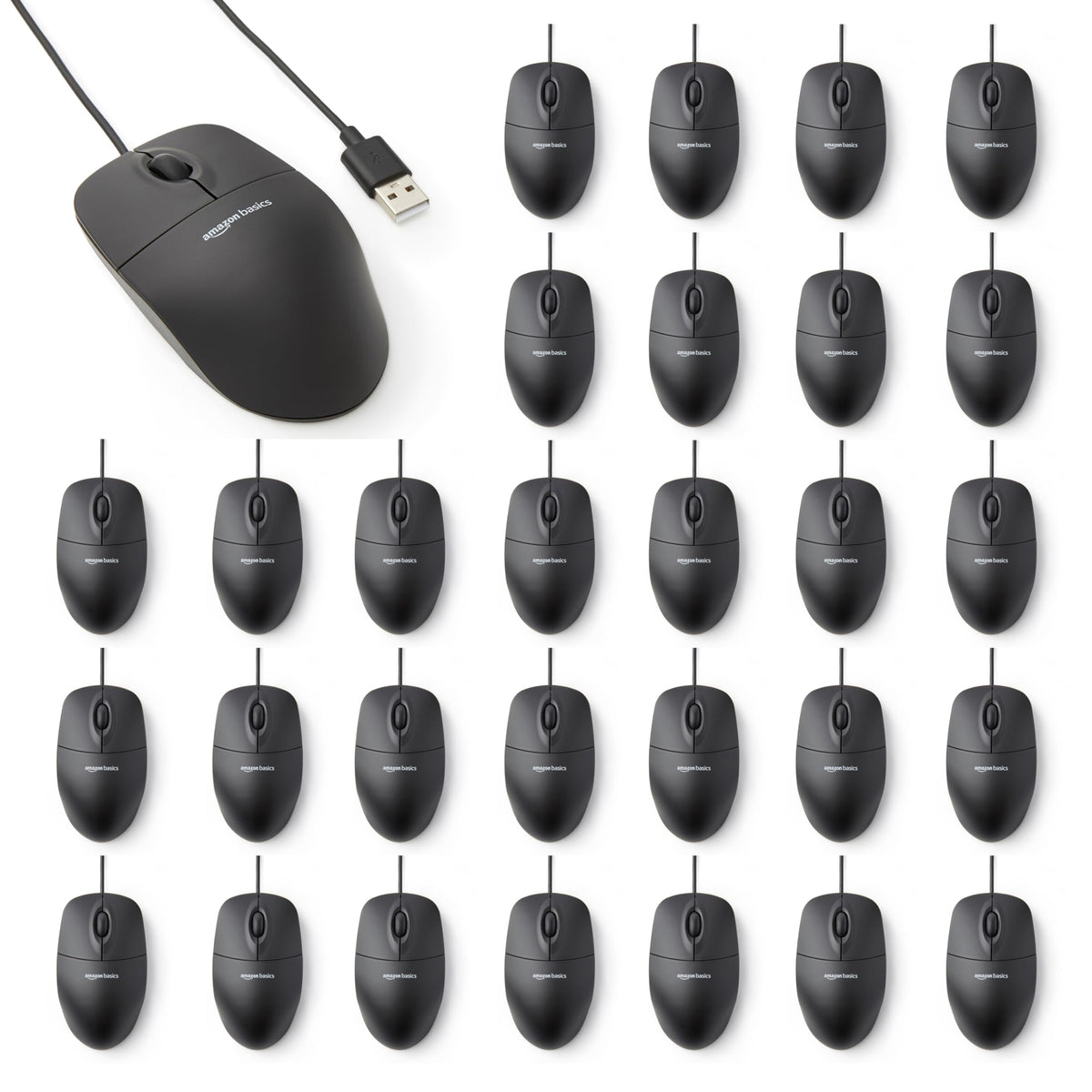 Amazon Basics 3-button USB wired mouse front view shows compact desk-ready design.