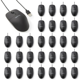 Amazon Basics 3-button USB wired mouse front view shows compact desk-ready design.