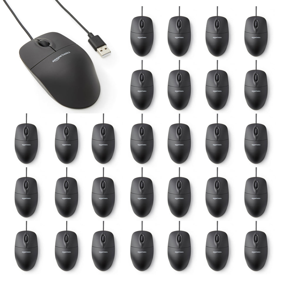 Amazon Basics 3-button USB wired mouse front view shows compact desk-ready design.