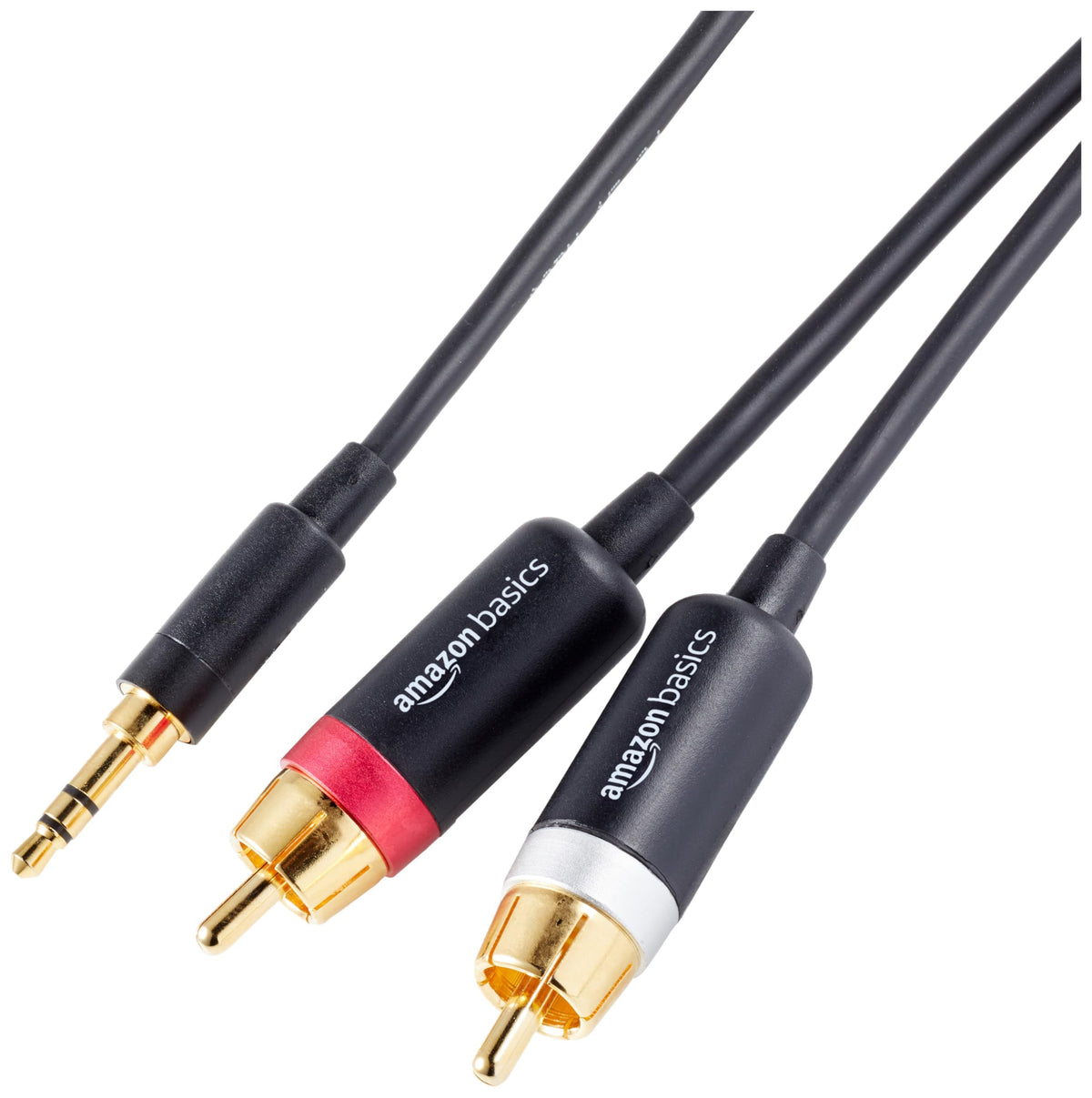 Amazon Basics 25-foot 3.5mm to RCA cable laid out for extended home audio setups
