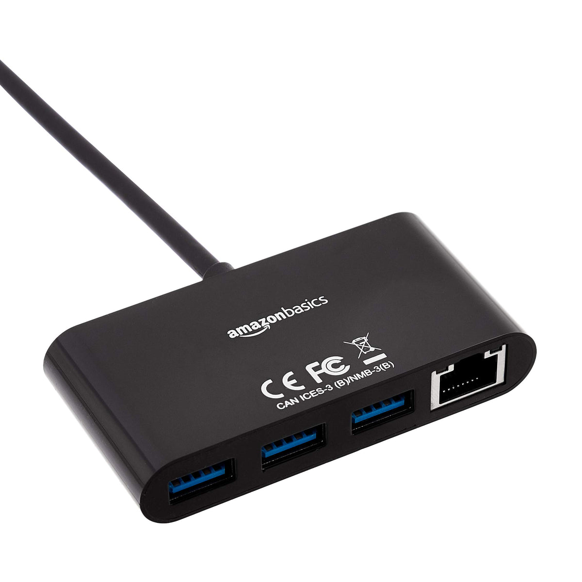 Amazon Basics hub with ethernet port in use demonstrates wired network option for laptops