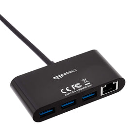 Amazon Basics hub with ethernet port in use demonstrates wired network option for laptops