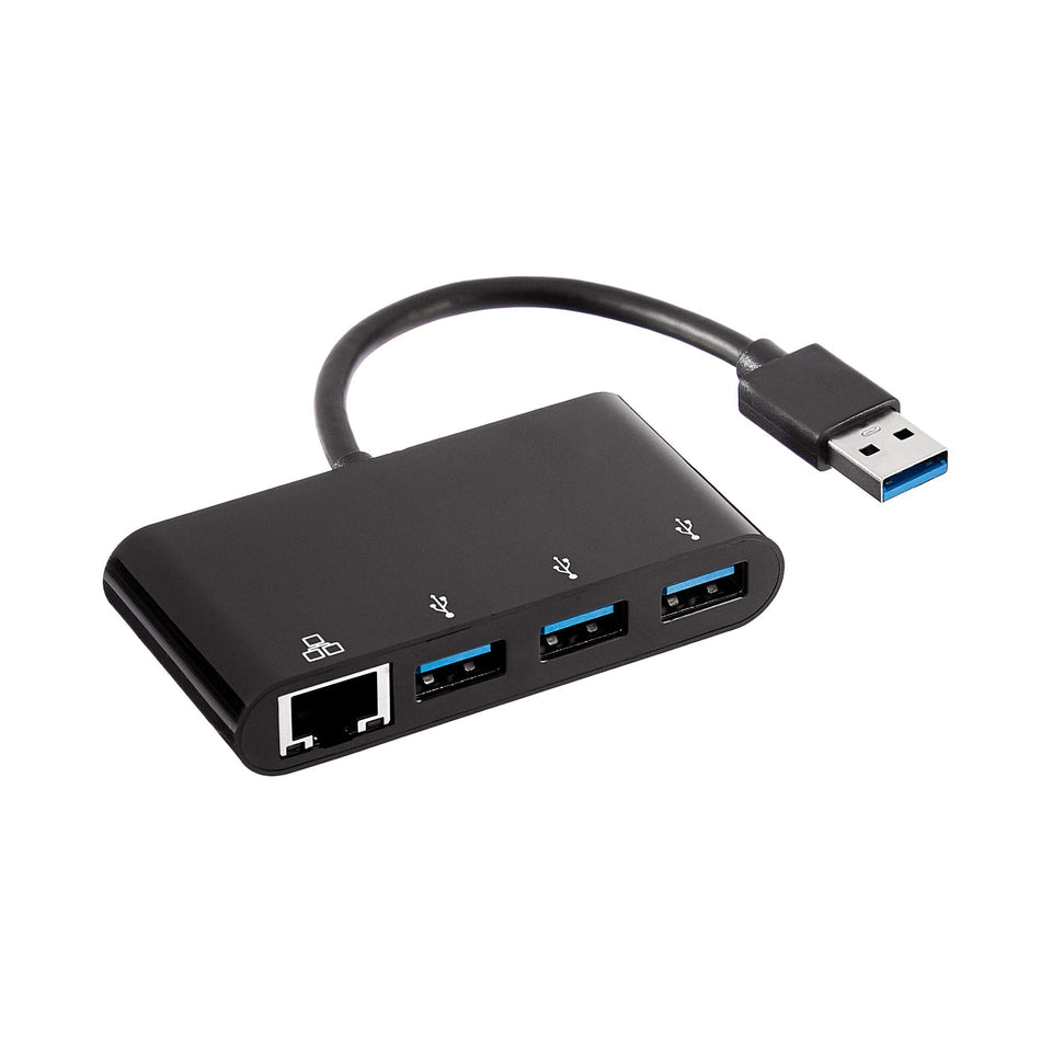 Amazon Basics 4-Port USB 3.0 Hub front view shows compact multiport design for laptops