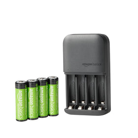 Amazon Basics 4-Bay Battery Charger front view, compact home charging for AA/AAA.