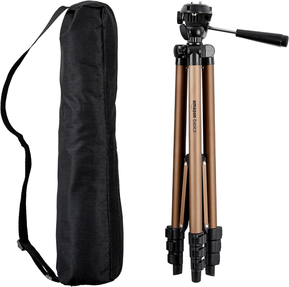 Amazon Basics 50-inch tripod extended height for stable travel photography.