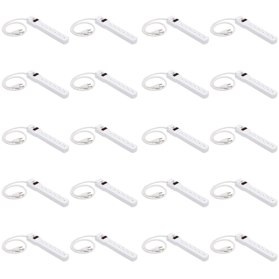 Amazon Basics 6-outlet surge protector power strip expands desk outlets for devices.