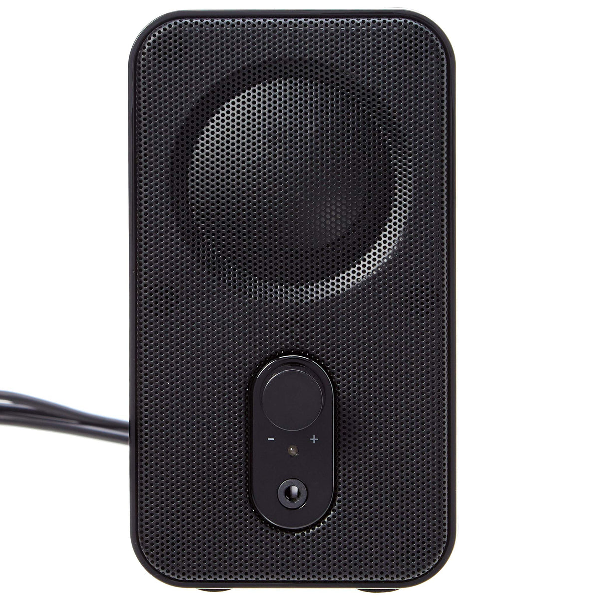 Amazon Basics speakers back angle highlighting 3.5mm input and cable routing.