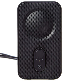 Amazon Basics speakers back angle highlighting 3.5mm input and cable routing.