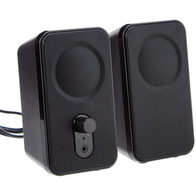 Amazon Basics AC-powered computer speakers front view with built-in headphone jack and volume control.