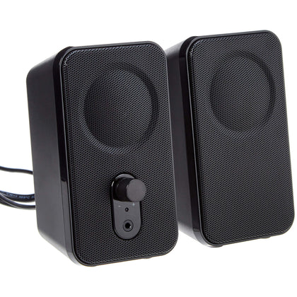 Amazon Basics AC-powered computer speakers front view with built-in headphone jack and volume control.