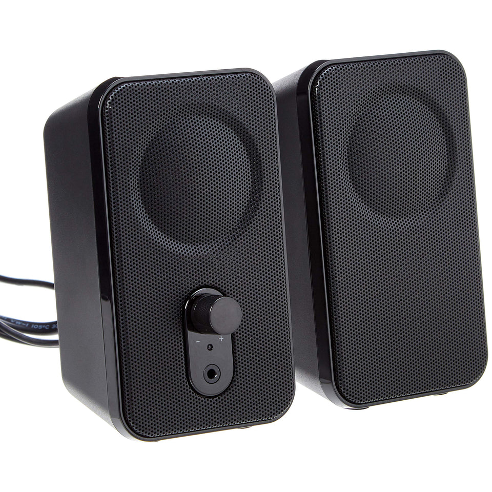 Amazon Basics AC-powered computer speakers front view with built-in headphone jack and volume control.