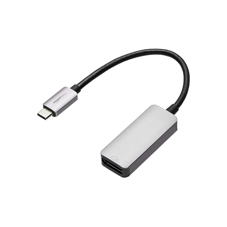 Amazon Basics adapter front view showing connector and sleek space-gray finish for reliable video