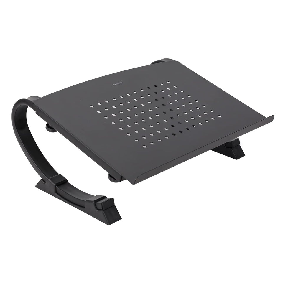 Amazon Basics adjustable monitor stand main view showing elevated desk setup and stability