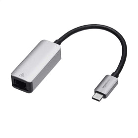 Amazon Basics USB-C to RJ45 adapter, front view, portable Gigabit Ethernet.