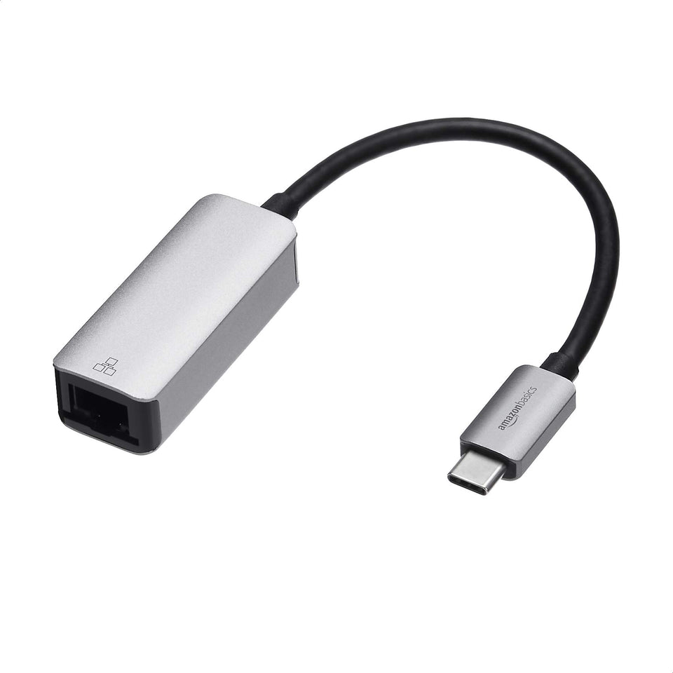 Amazon Basics USB-C to RJ45 adapter, front view, portable Gigabit Ethernet.