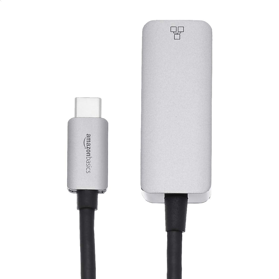 Amazon Basics USB-C to RJ45 adapter, side profile, slim aluminum design for travel.