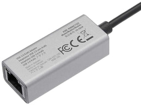 Amazon Basics USB 3.0 aluminum Ethernet adapter, compact housing for travel.