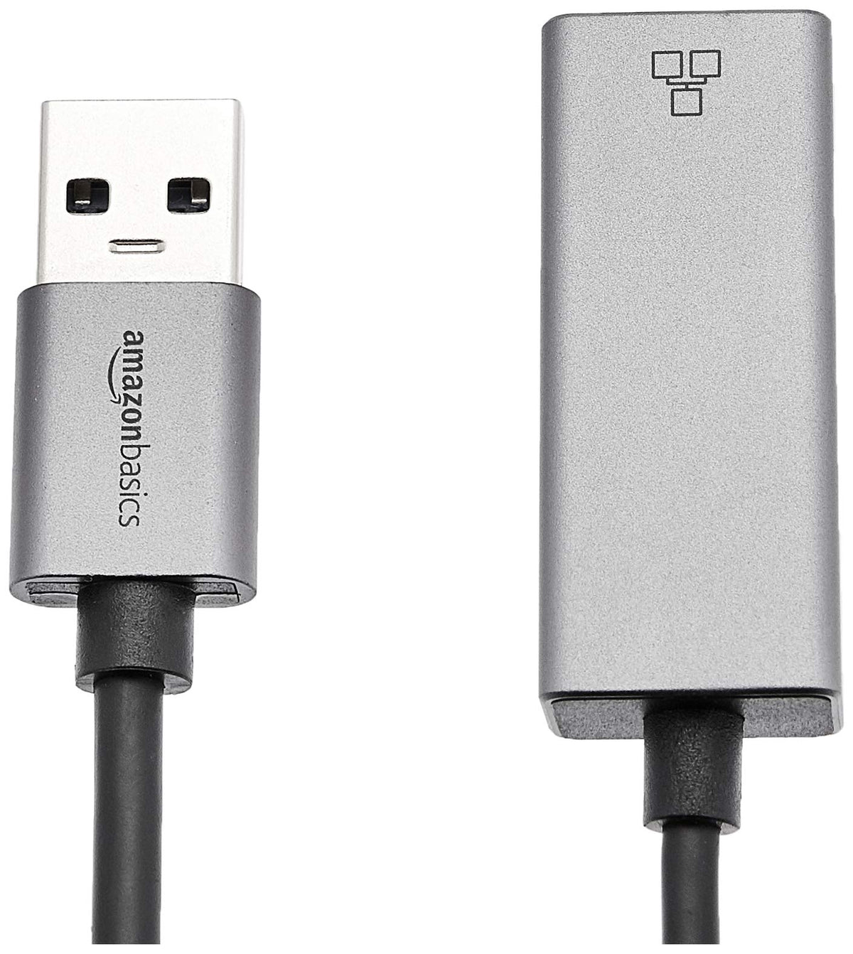 Amazon Basics USB 3.0 aluminum Ethernet adapter, side view for wired connectivity.