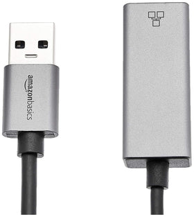 Amazon Basics USB 3.0 aluminum Ethernet adapter, side view for wired connectivity.