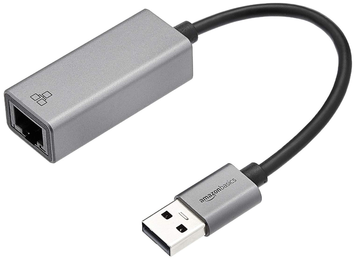 Amazon Basics USB 3.0 aluminum Ethernet adapter, top view, reliable gigabit speeds.