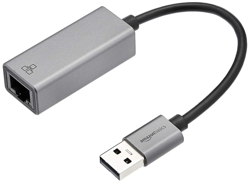 Amazon Basics USB 3.0 aluminum Ethernet adapter, top view, reliable gigabit speeds.