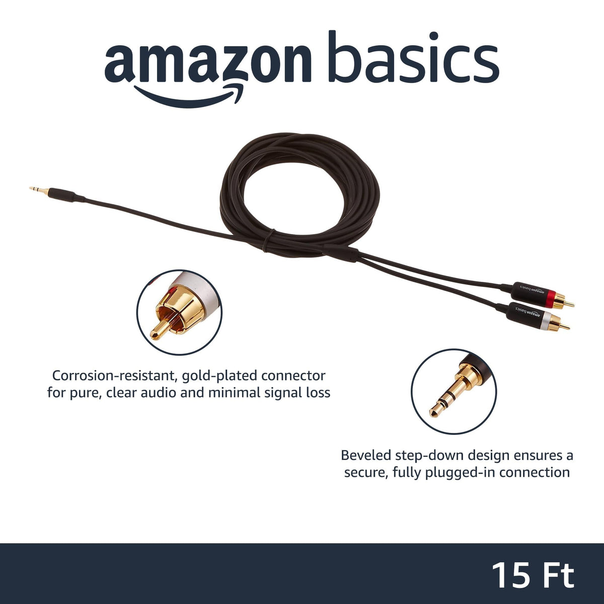 Amazon Basics 15-foot aux-to-RCA cable ready for home audio setups.