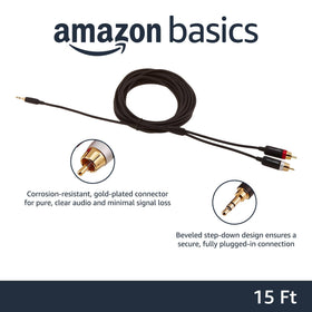 Amazon Basics 15-foot aux-to-RCA cable ready for home audio setups.