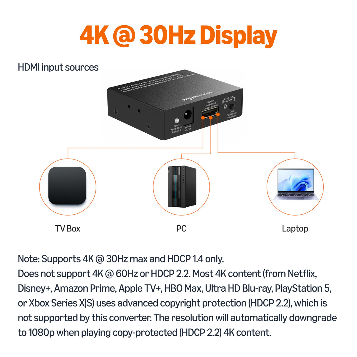 Amazon Basics back ports close-up showing HDMI, RCA, and Toslink for versatile connections