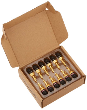 Amazon Basics banana plugs color-coded rings aid wire identification and organization.