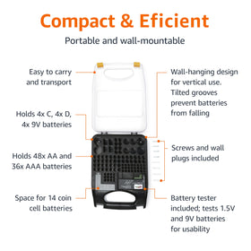 Amazon Basics battery tester included for quick battery usability checks.