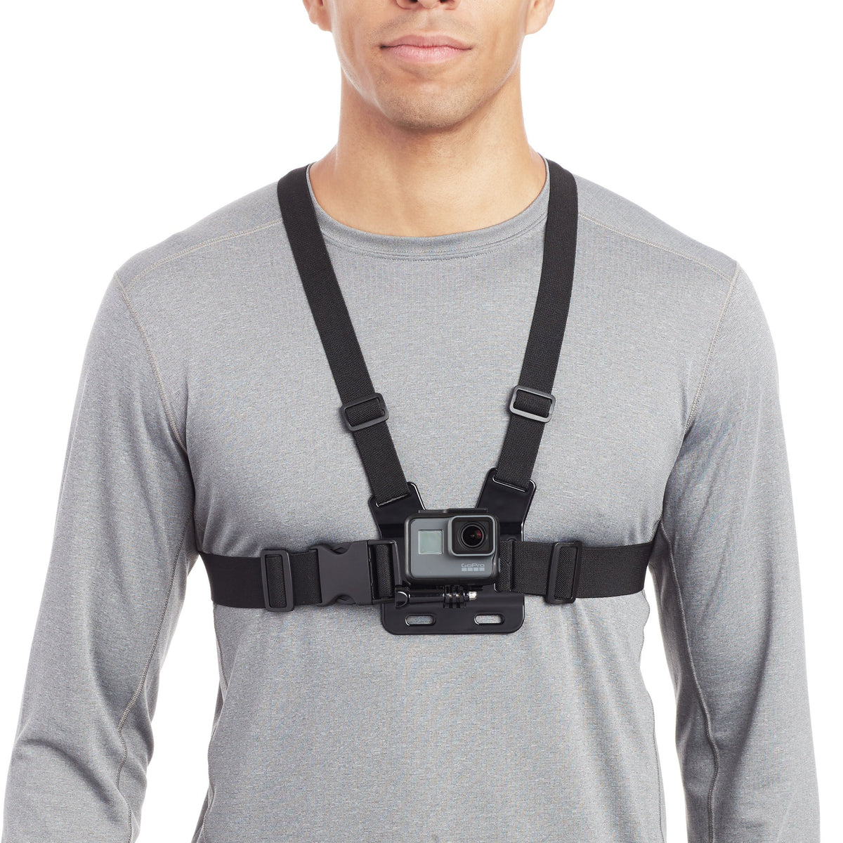 Black Amazon Basics GoPro chest harness for hands-free action at chest height.