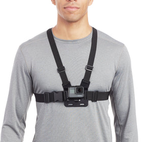 Black Amazon Basics GoPro chest harness for hands-free action at chest height.