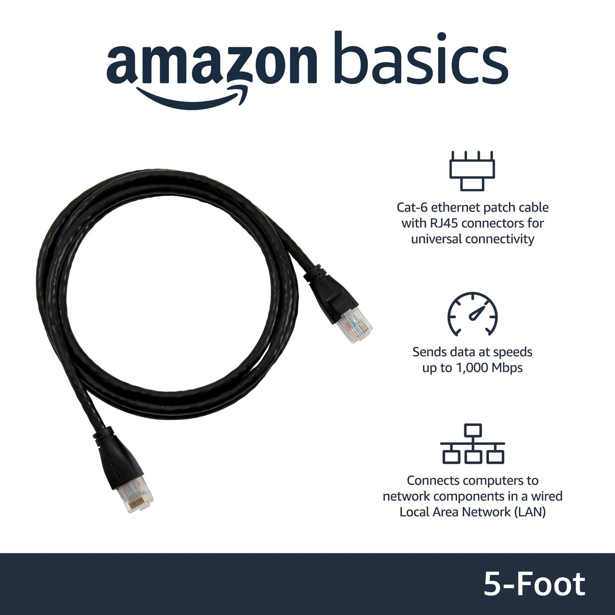 Amazon Basics Cat-6 Ethernet cable with gold-plated connectors for reliable data transfer.