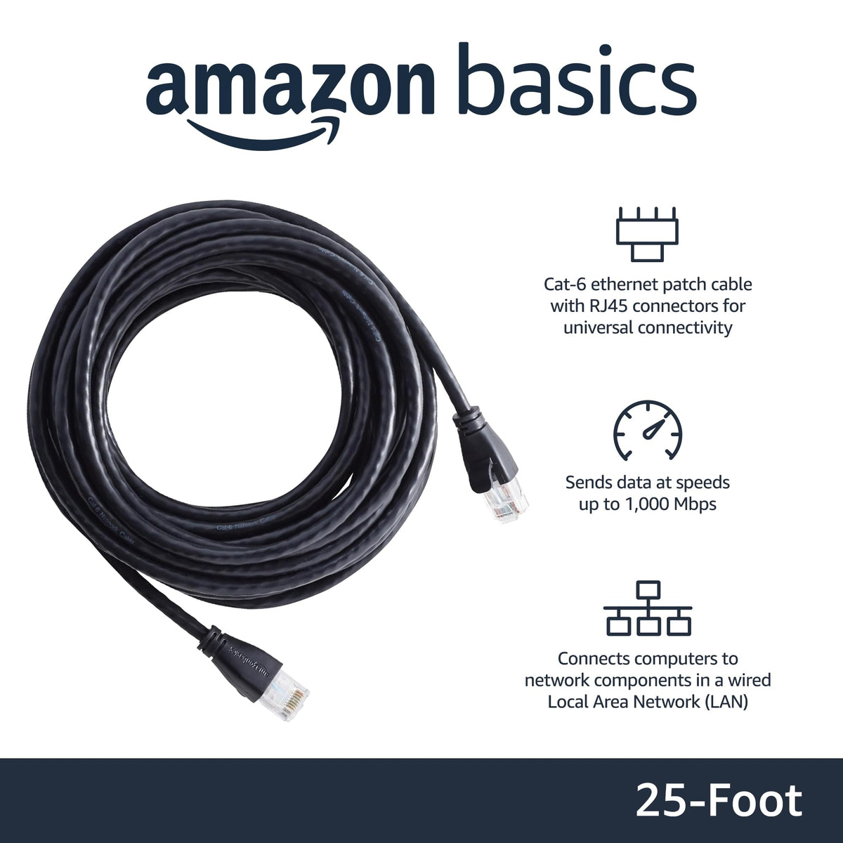 Amazon Basics Cat-6 Ethernet cable with gold-plated connectors for durable data transfer.