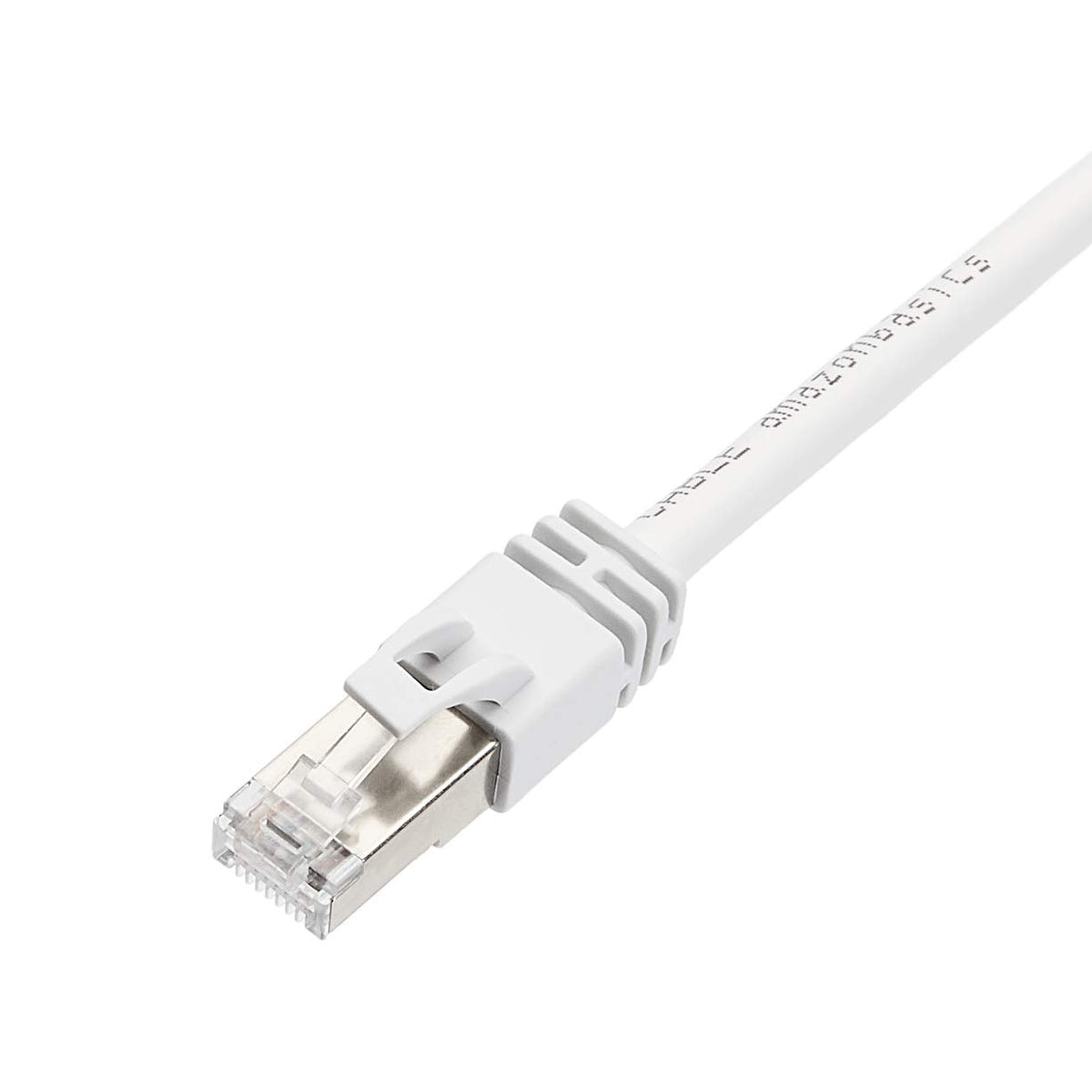 Amazon Basics Cat7 ethernet cable 50ft white supports 10gbps network transfers.