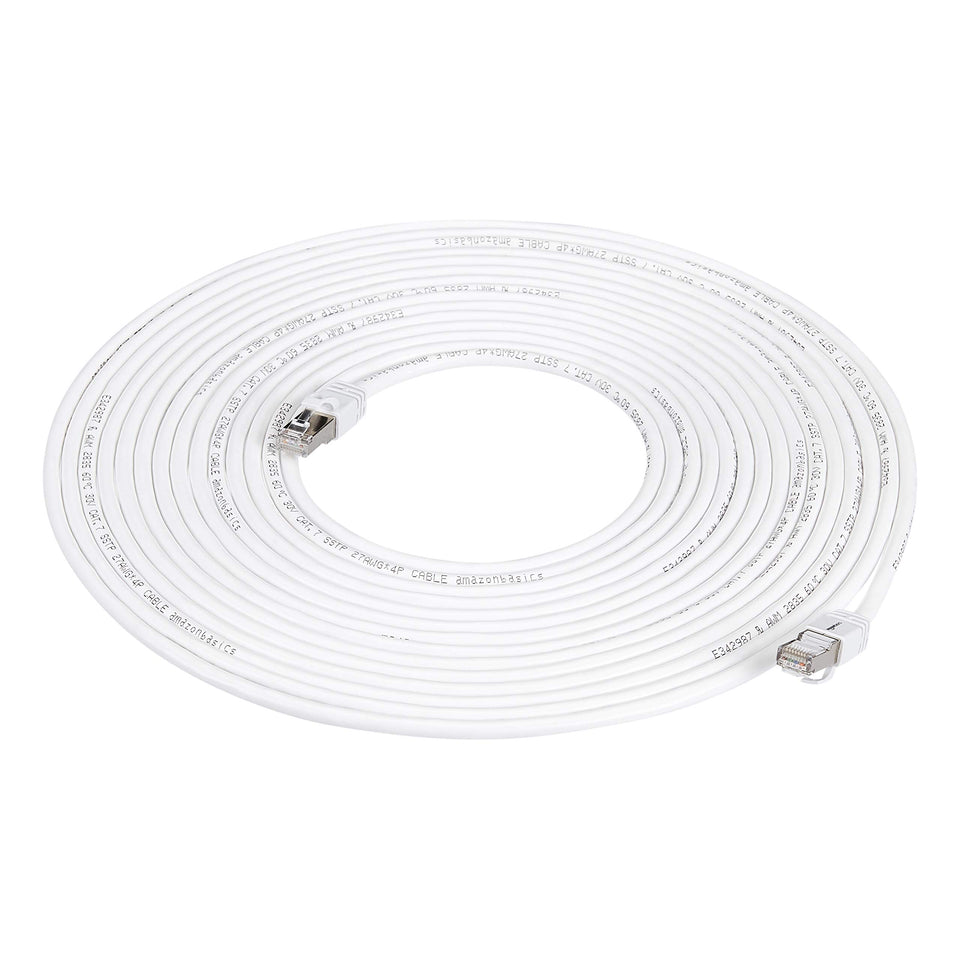 Amazon Basics Cat7 ethernet cable 50ft white patch for fast local network connections.