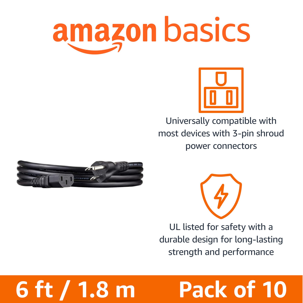 Amazon Basics close-up of IEC C13 connector showing secure fit benefit