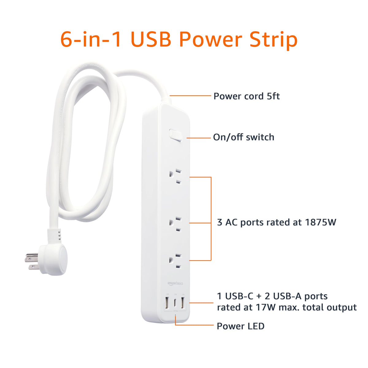 Amazon Basics close-up of USB-C and USB-A ports for fast, convenient device charging