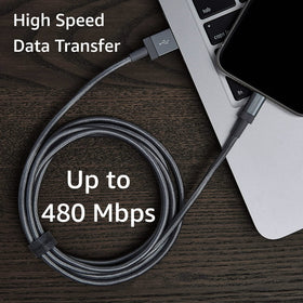 Amazon Basics dark gray nylon-braided cable ideal for home, car, and travel.