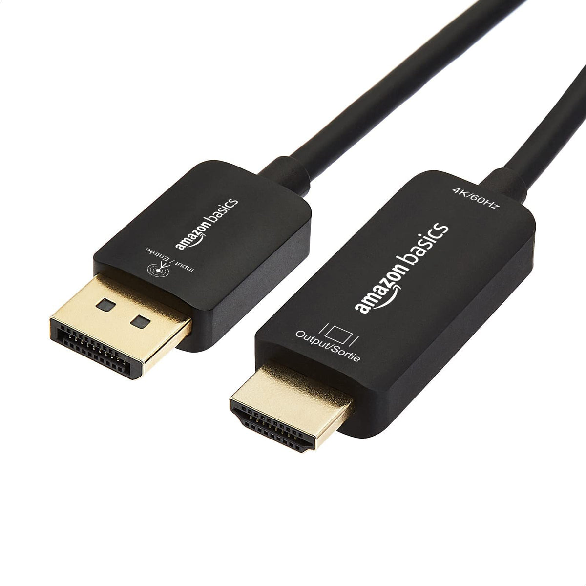 Amazon Basics DisplayPort to HDMI cable, 3 ft, gold-plated plugs, for clear audio and video.
