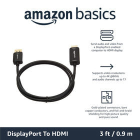 Amazon Basics DP to HDMI cable showcases uni-directional design for simple setup.