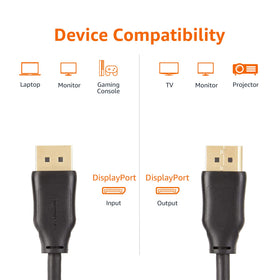 Amazon Basics DisplayPort cable in use between PC and dual monitors demonstrating crisp video