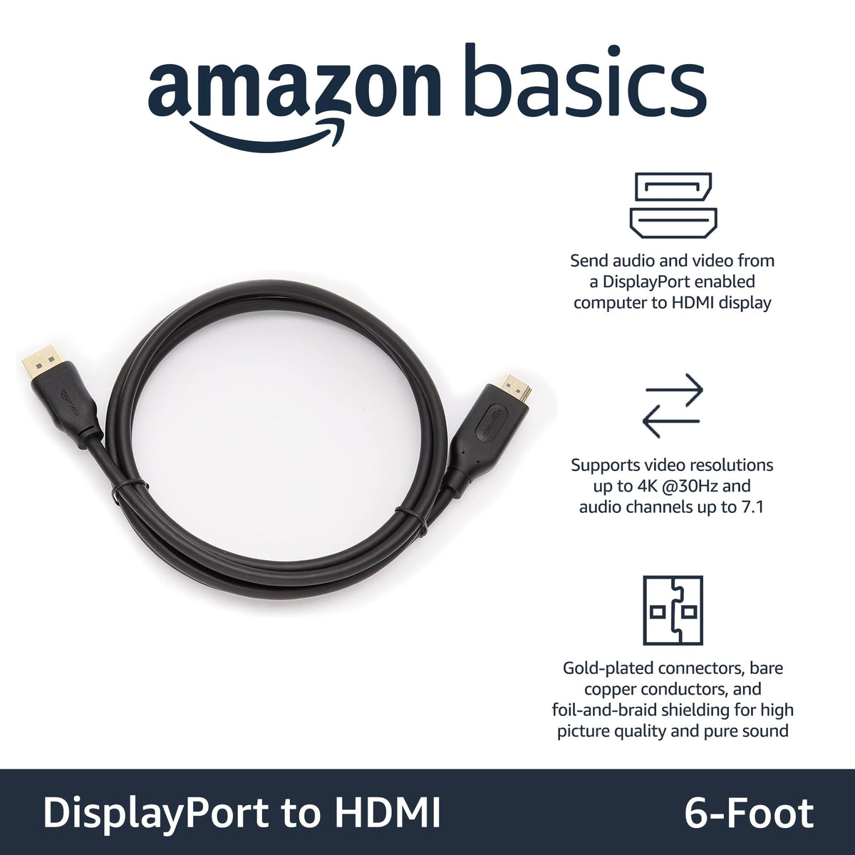 Amazon Basics DP to HDMI cable with gold-plated connectors for reliable signal